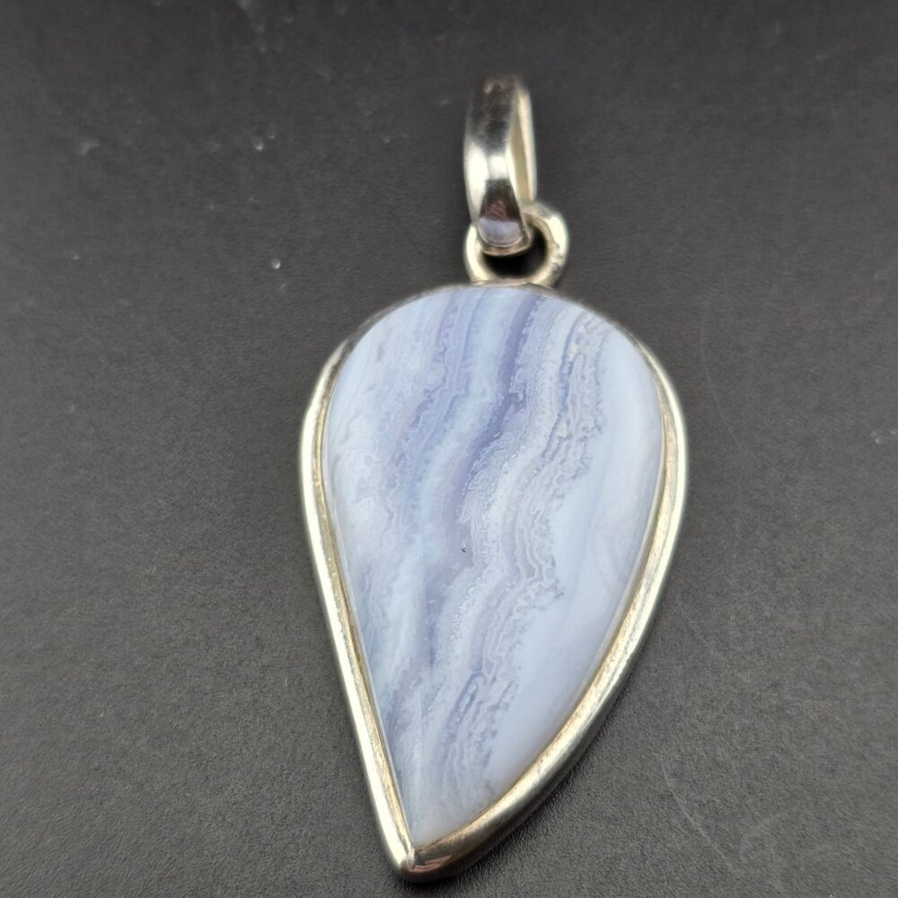 Blue Lace Agate Teardrop Pendant In 925 Sterling Silver Artisan Design 2 Inches